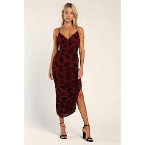NWT Lulus Eloquent Essence Burgundy Burnout Velvet Floral Midi Dress Red - XS